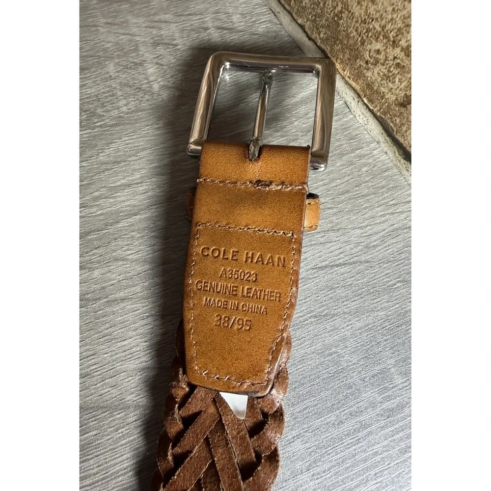 Cole Haan Braided Woven Genuine Leather Brown Belt Silver Buckle Size